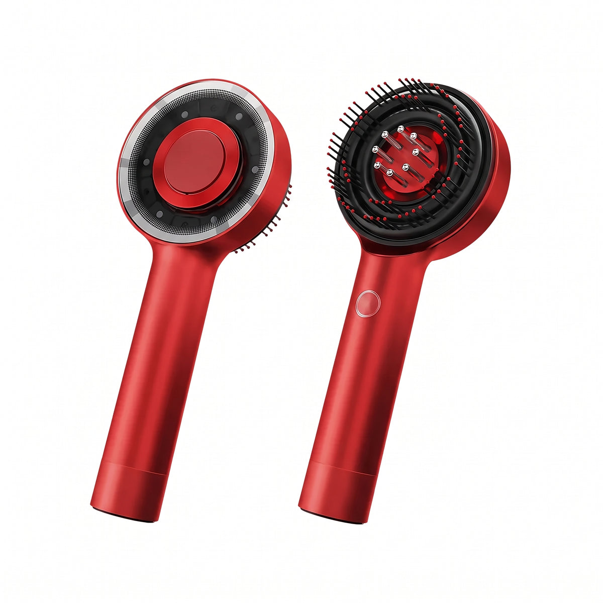 Back and front view of the Lumi 3-in-1 Scalp Massager showing the smooth back panel and the bristled brush head
