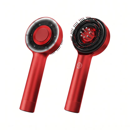 Back and front view of the Lumi 3-in-1 Scalp Massager showing the smooth back panel and the bristled brush head