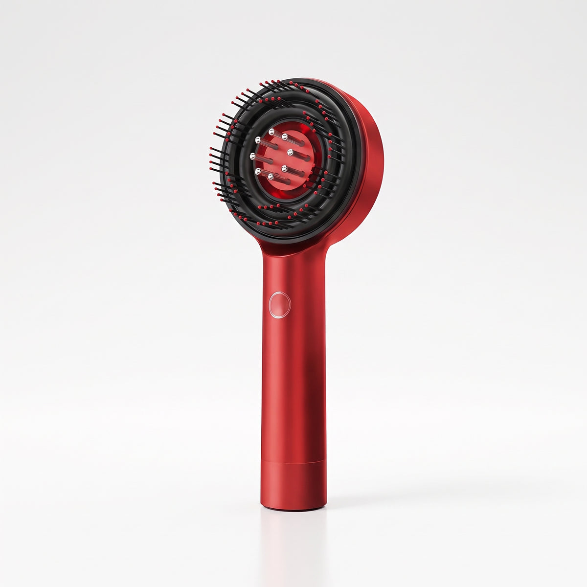 Lumi 3-in-1 Scalp Massager, a red handheld scalp brush with a warm red glow at the centre of the bristle head, on a white background