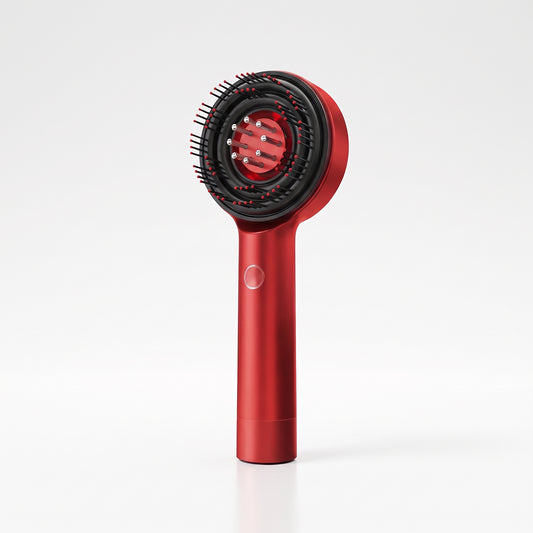 Lumi 3-in-1 Scalp Massager, a red handheld scalp brush with a warm red glow at the centre of the bristle head, on a white background
