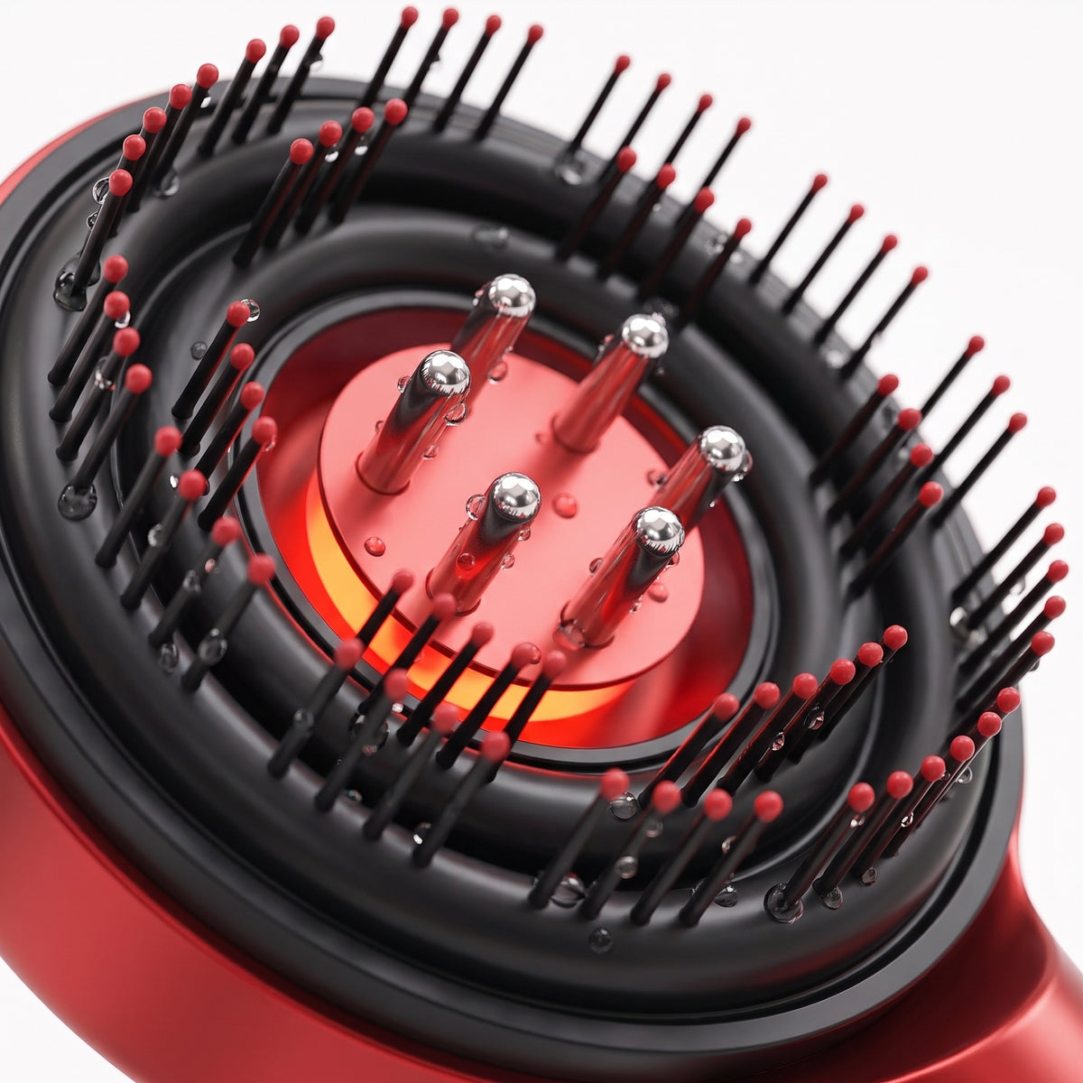 Close-up of the Lumi 3-in-1 Scalp Massager's silicone bristles and serum-release pins glowing warm red, with water droplets