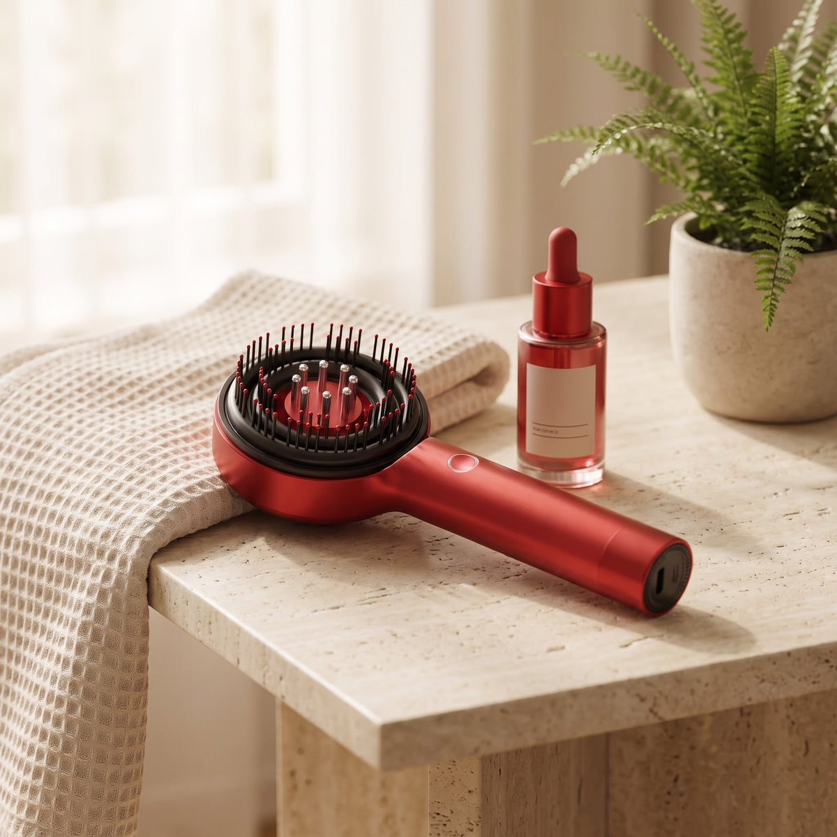 Lumi 3-in-1 Scalp Massager resting on a towel next to a scalp serum bottle and a small potted fern