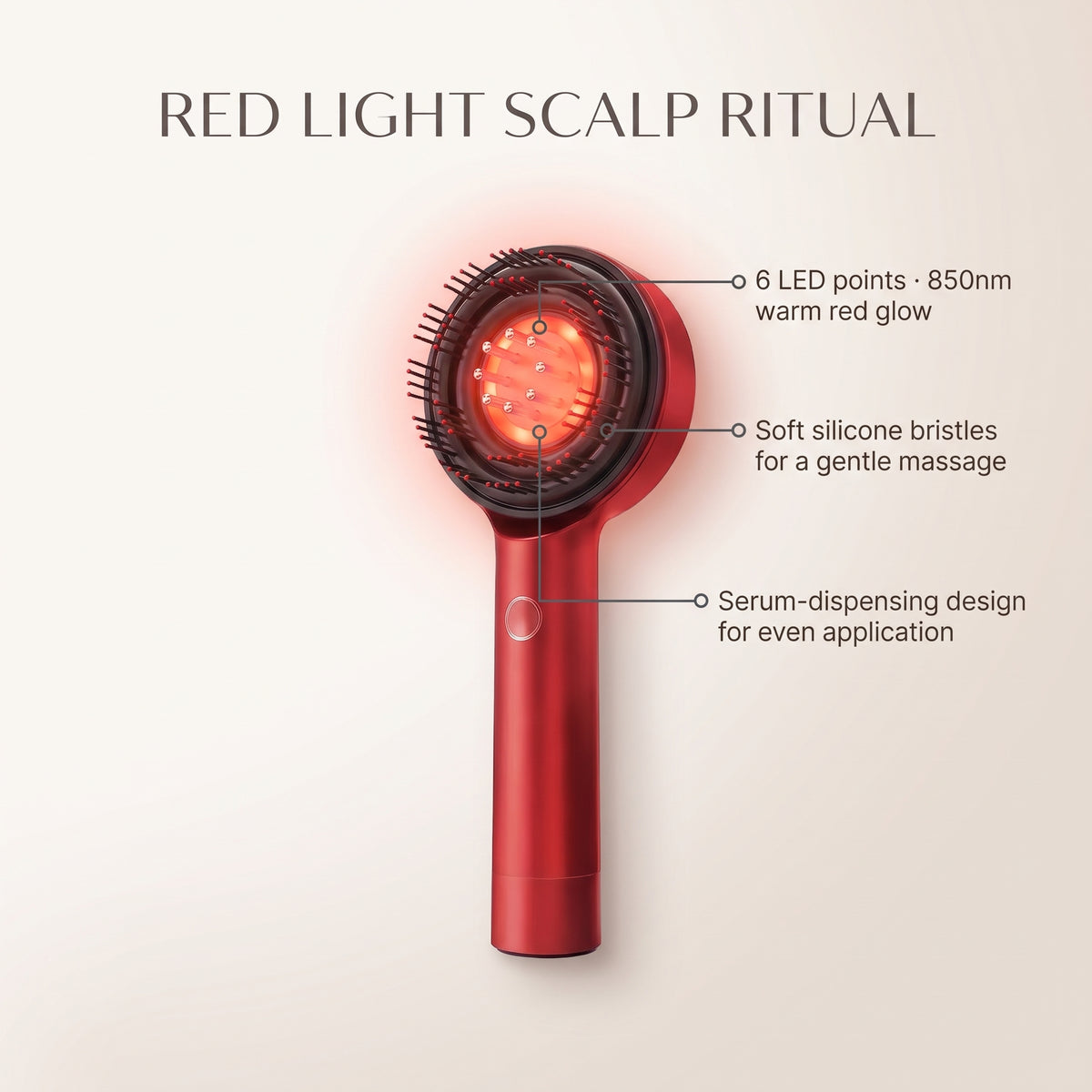 Infographic for the Lumi 3-in-1 Scalp Massager showing its red light points, soft silicone bristles and serum-dispensing design