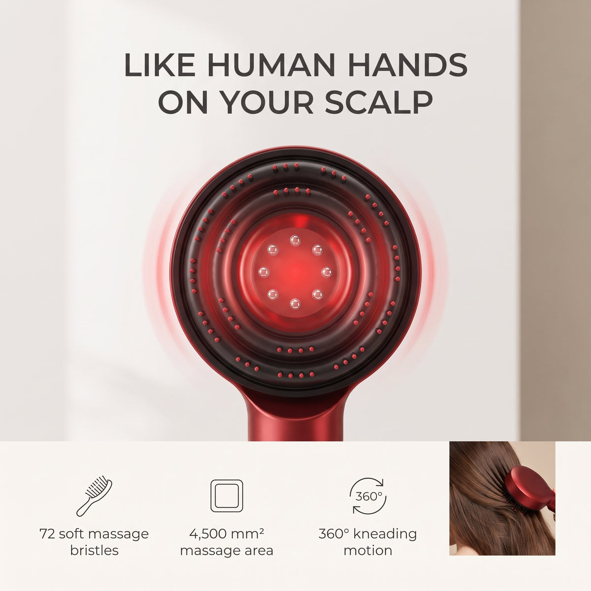 Infographic for the Lumi 3-in-1 Scalp Massager showing 72 massage bristles, a 4,500 mm2 massage area and 360-degree kneading motion