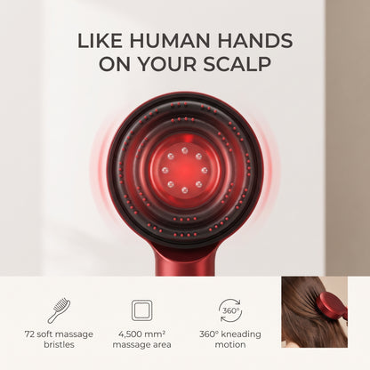 Infographic for the Lumi 3-in-1 Scalp Massager showing 72 massage bristles, a 4,500 mm2 massage area and 360-degree kneading motion