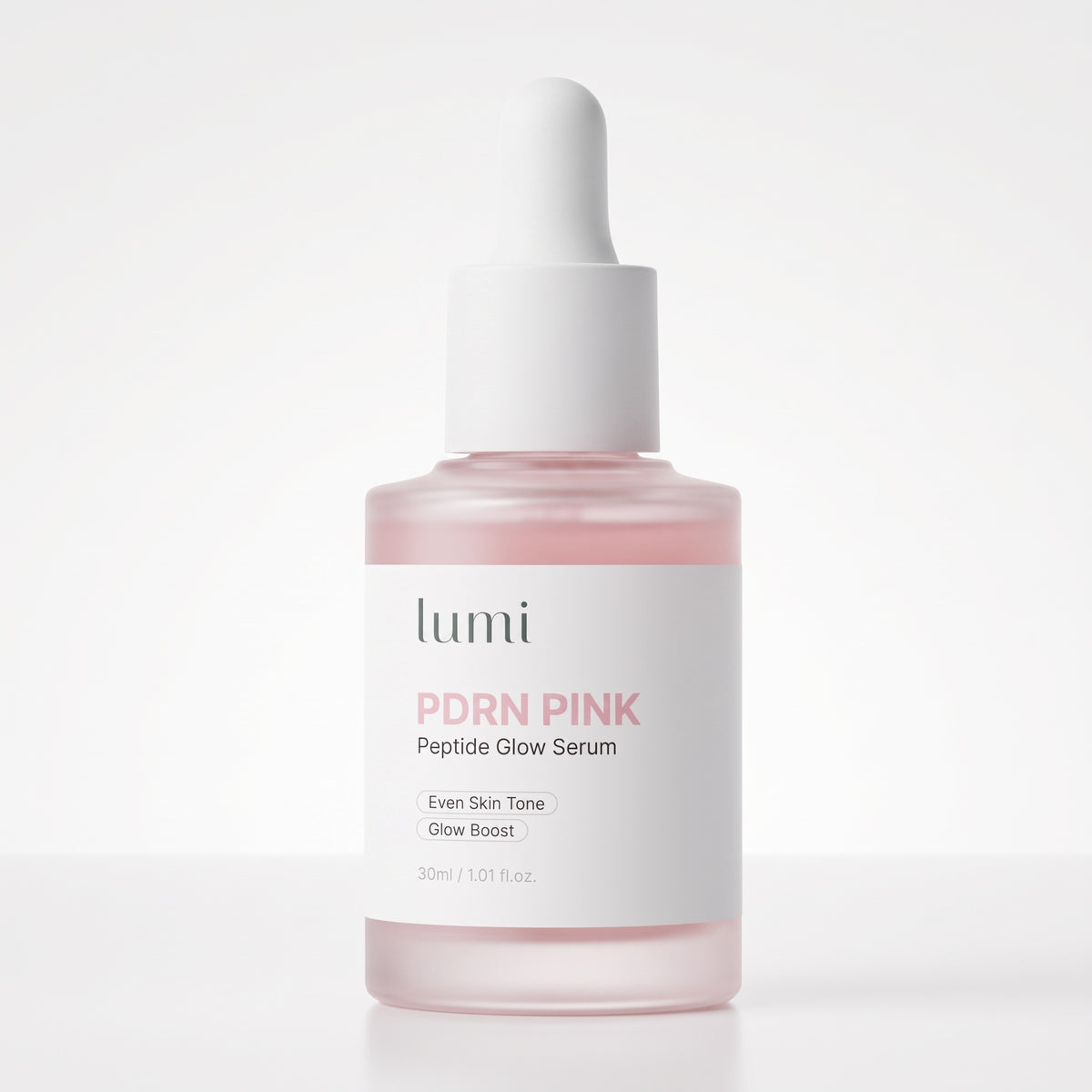 Lumi PDRN Pink Peptide Glow Serum, a 30ml bottle with dropper cap on a white background