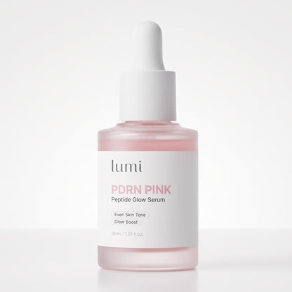Lumi PDRN Pink Peptide Glow Serum, a 30ml bottle with dropper cap on a white background