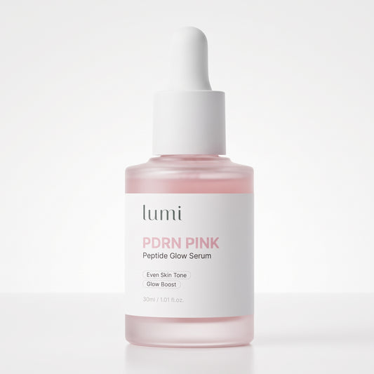 Lumi PDRN Pink Peptide Glow Serum, a 30ml bottle with dropper cap on a white background