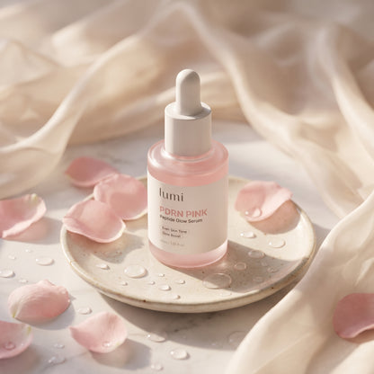 Lumi PDRN Pink Peptide Glow Serum bottle on a ceramic dish surrounded by pink rose petals and water droplets