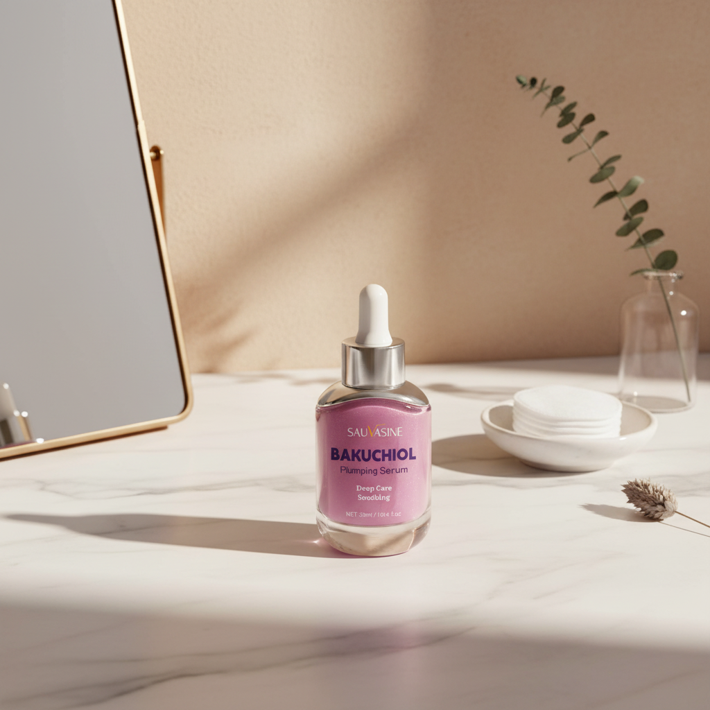 Bakuchiol Plumping Serum on a marble bathroom counter