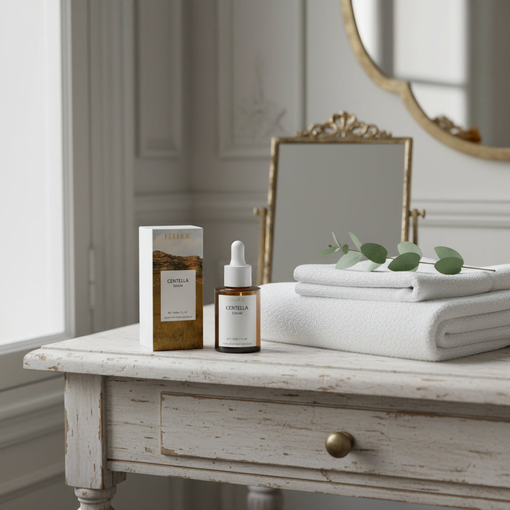 DermaCentella Serum bottle styled on a stone surface