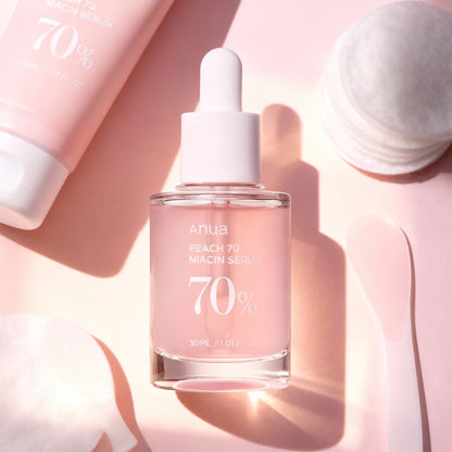 Flat lay of PeachGlow 70 Niacinamide Body Serum