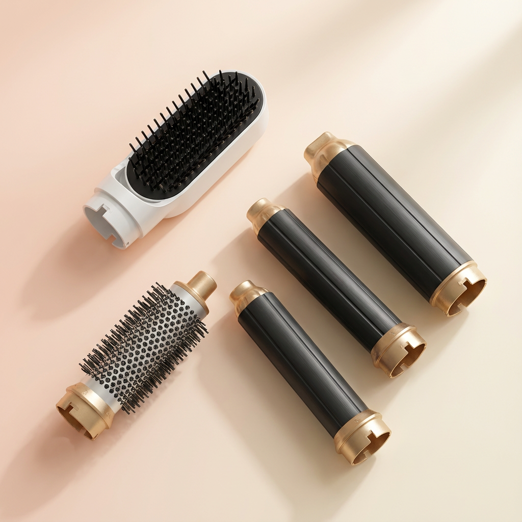 Flat lay of the AirSilk Pro's 5 interchangeable attachments