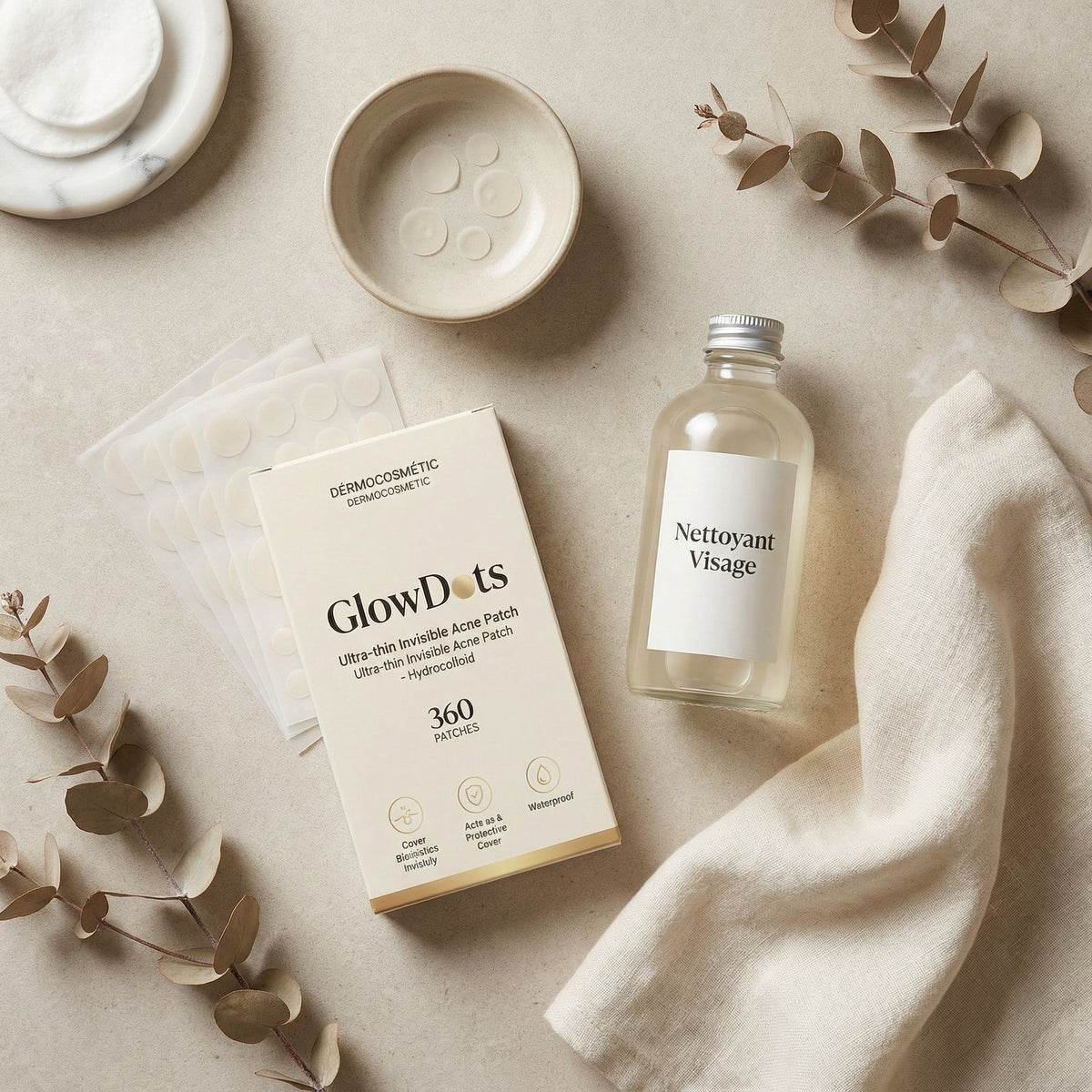 Flat lay skincare routine featuring GlowDots Acne Patches