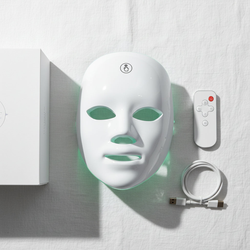 Flat lay of the AuraLED Light Therapy Face Mask