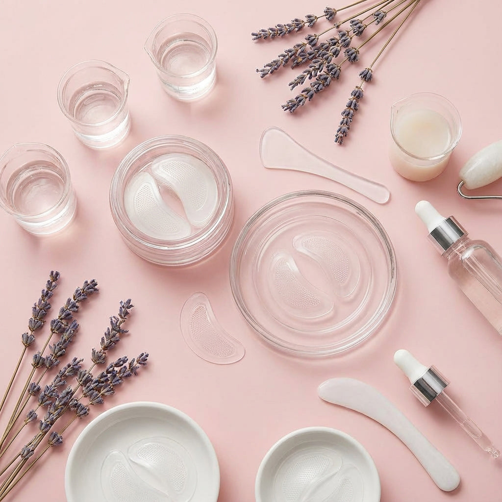 Flat lay of Bye Puff Microneedle Eye Patches with open jar