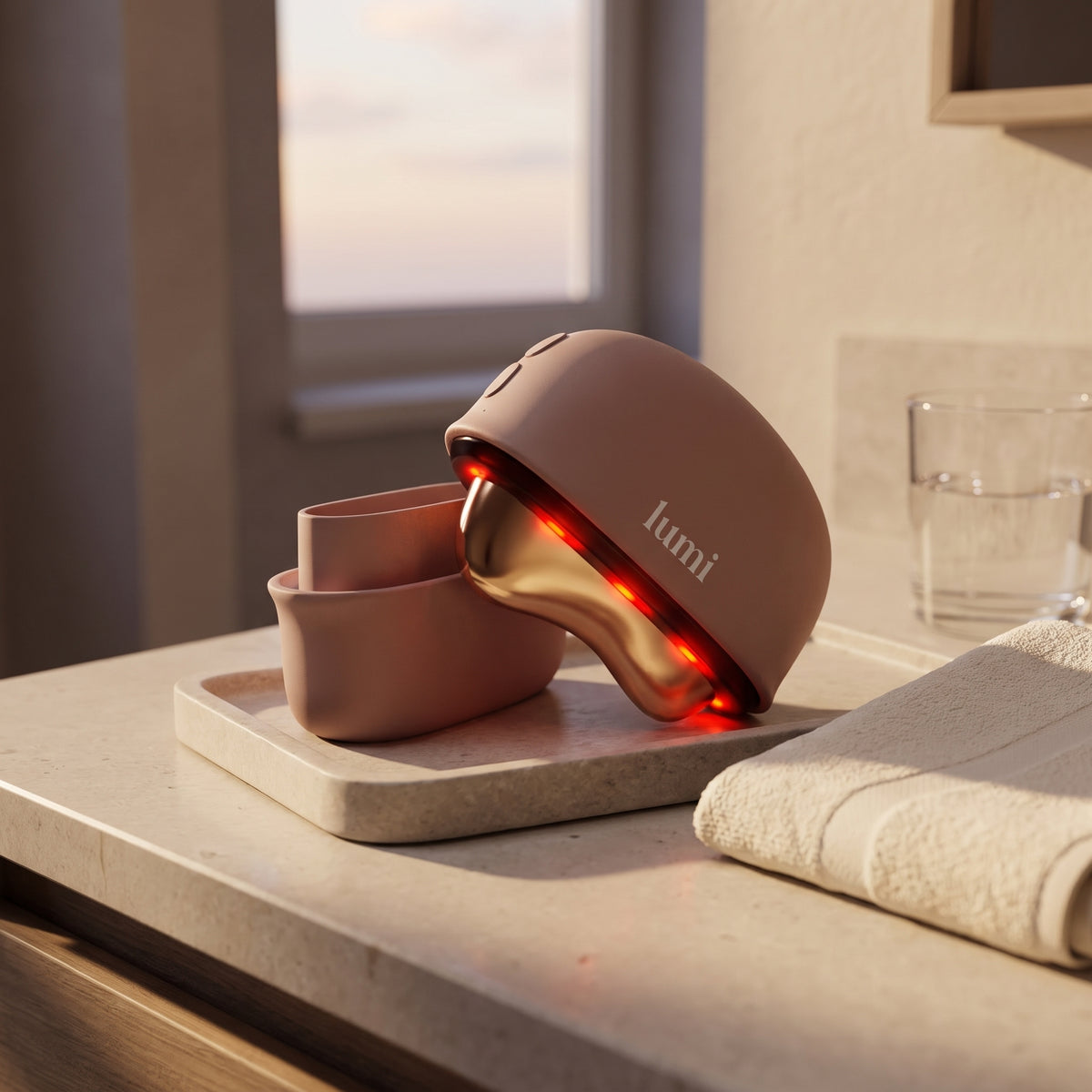 Lumi Ember rosé heated gua sha and cover on a stone tray beside a folded towel on a bathroom vanity